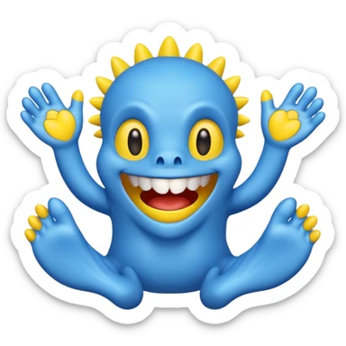 Make it be based off the horror game, poppy playtime.\n Make it have a head shape like a heart. Didn't make it tall, make it have sharp teeth, make its hands yellow, make it slipper, smiling and makes his feet yellow too.  And make it all blue sticker