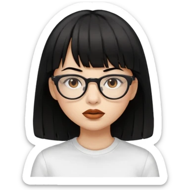 uma mulher snapchat icon, cor da pele normal, cabelo preto liso solto médio com franja, óculos pretos, piercing na boca e nariz, olhos castanhos, camisa branca sticker