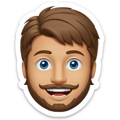 25 year old man, short scruffy beard and sparse moustache, brown puffy mullet, blue eyes, big smile, white teeth, big lips, pronounced jaw, hair longer in back, sticking up on top sticker