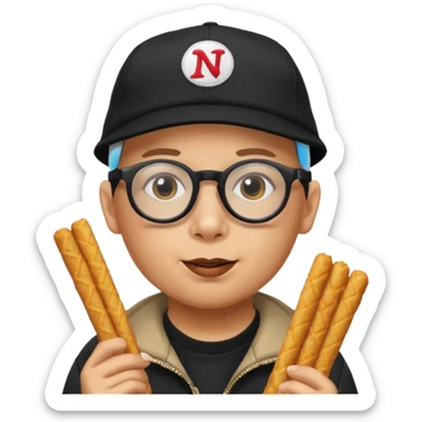 num num eatting hashbrown sticks with a plain black cap and glasses no hair add Rollin' 18 to hat sticker