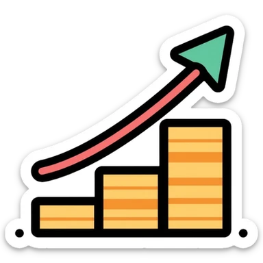upward arrow next to increasing stacks of money bills and coins, financial growth sticker