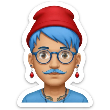 unique looking tourist with big unique red tourist felt hat and earrings, man with lots of tattoes and spectacles, blue hair showing sticker