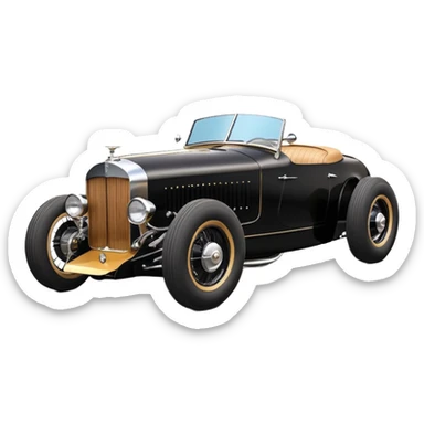 Batgirl’s black Bare bones (channeled cowl) drag racing and speed record modified (fenders removed) chopped streamlined sporty roadster that is a (stripped down) hot street rodded engine sports car 1932 Rolls Royce Woody futuristic  wide racing wheels sticker
