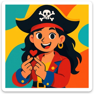 a girl pirate with black hair doing a Korean heart sign with her hands, vibrant and playful sticker