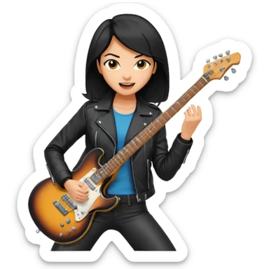 Young woman – standing on stage, leather jacket, playing electric guitar, energetic pose sticker