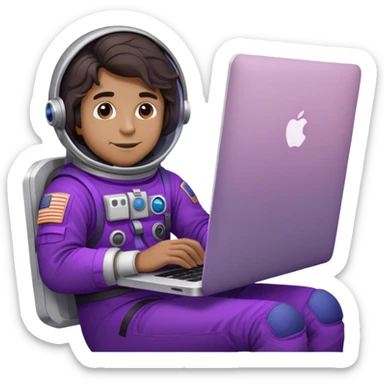 guy astronaut with purple suit, long ombre black/brown wavy hair and one macbook sticker
