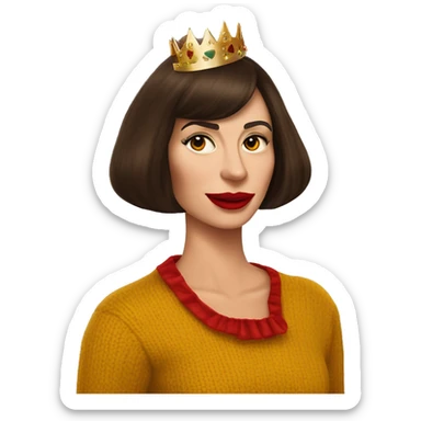  She has red lipstick with a closed mouth smirk holding a martini in one hand White English woman with very long dark brown hair and face framing layered bangs dressed in a mustard yellow sweater with birthday crown and negroni in hand sticker