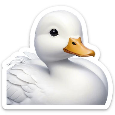 Cinematic Noble White Duck Portrait Emoji, Poised and regal, with a sleek, streamlined build and a pristine, well-groomed pure white plumage, deep-set soulful bright eyes, Simplified yet sharp and sophisticated features, highly detailed, glowing with a soft, dignified glow, high shine, intelligent and graceful, stylized with an air of aquatic elegance, focused and attentive, soft glowing outline, capturing the essence of a watchful and confident waterfowl, so majestic it feels as though it could glide out of the screen with effortless authority! sticker