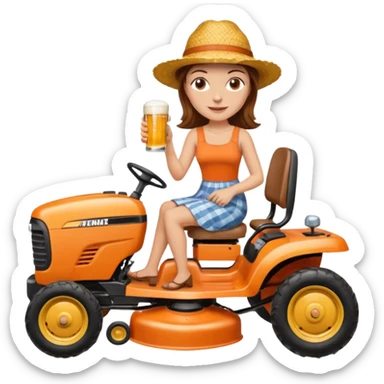 White woman with brown hair, without glasses wearing a straw hat, on old orange ride on lawn mower, holding a beer with one hand and holding the steering wheel with the other hand sticker