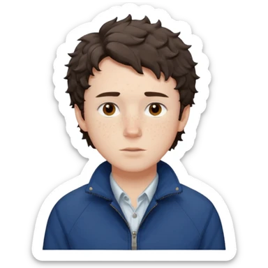 Owen Cooper in dark brown short and choppy fringe short slightly curly hair with brown eyes and pale skin, with obvious freckles on his cheeks, wearing deep blue jacket and white shirt sticker