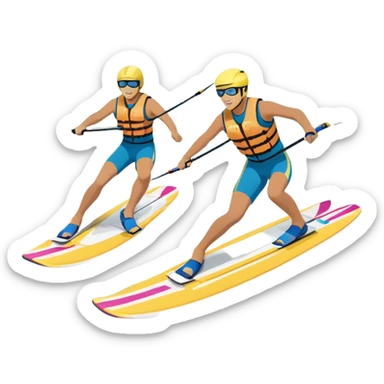 A humanless icon showing a pair of water skis skimming across the surface of a lake, with a skier in motion. The design includes a wake behind the skier, splashing water, and the sun reflecting on the water. Transparent background highlights the speed and thrill of water skiing. sticker