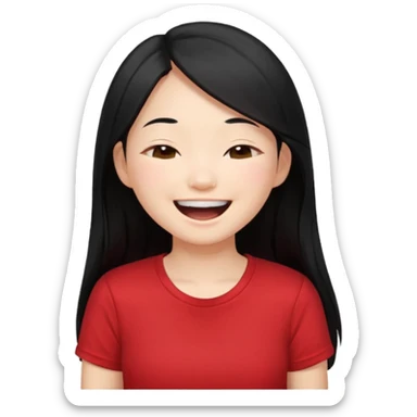 Cute asian girl with long hair and red t shirt who is laughing with eyes closed sticker