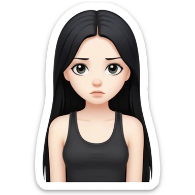 bored girl with long straight black hair, pale skin, dark eyes, black tank top sticker