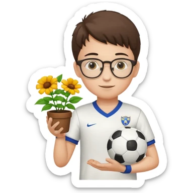 young boy wearing glasses, wearing soccer uniform, holding a flower pot sticker