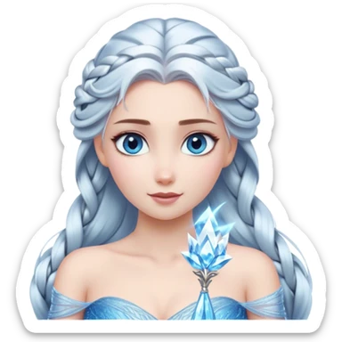 Cinematic Stunning Elsa Portrait Emoji, Ice-blue gown shimmering, platinum hair flowing in a graceful braid, piercing blue eyes glowing with icy magic, an aura of regal power and breathtaking beauty, frozen elegance at its finest! sticker