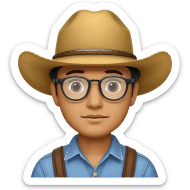 Man wearing a cow boy hat with black glasses and a chin strap   sticker