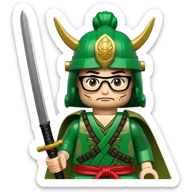 lego Samurai with glasses, Warrior in green samurai armor, with katana sticker
