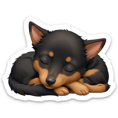 Meme-Worthy Cute Sleeping Black and Tan Kelpie Portrait Emoji, Head resting peacefully with a contented smile, showcasing a delightfully agile build and a luxuriously soft black and tan Fur, eyes shut in a serene nap, Simplified yet hilariously adorable features, highly detailed, glowing with a soft, drowsy light, high shine, relaxed and utterly lovable, stylized with an air of playful laziness, bright and heartwarming, soft glowing outline, capturing the essence of a comically sleepy herder, so meme-worthy it feels like it could instantly become the next viral sensation of adorable slumber! sticker