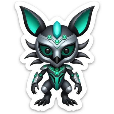 Silvery grey shiny alloy Cyber-Lombax-Fakémon-creature with dark black mask and shiny intricate green and turquoise circuitry markings (full body) sticker