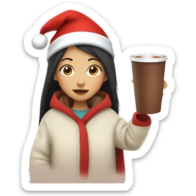 asian girl with blanket drinking hot chocolate with a santa hat sticker