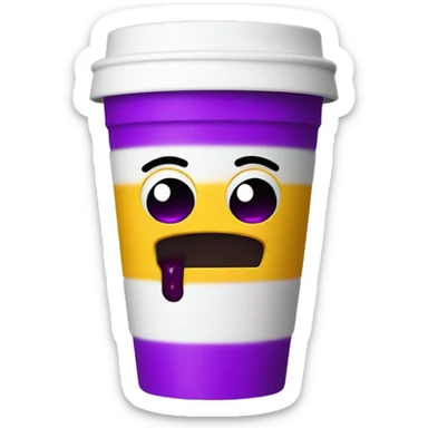 Styrofoam double cup with purple liquid inside, and a silly face on the outside sticker