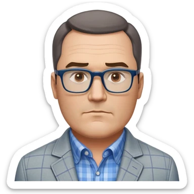 50-year-old heavyset man with very wide face and prominent square jawline. Short straight hair combed to the side, not balding. Large dark square glasses. Serious-relaxed expression. Light gray jacket that fits his larger frame, white shirt with blue checkered pattern. sticker