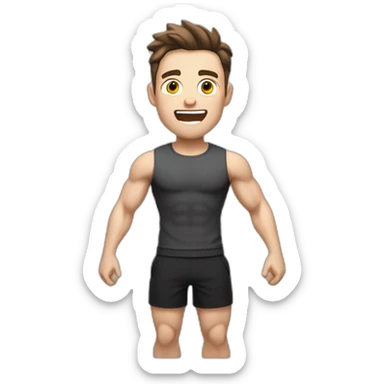 amazed Open with surprise mouth Pale skinned Fit Man With the biceps and dark brown hair in black shirt, gray sports shorts and white Sneakers sticker