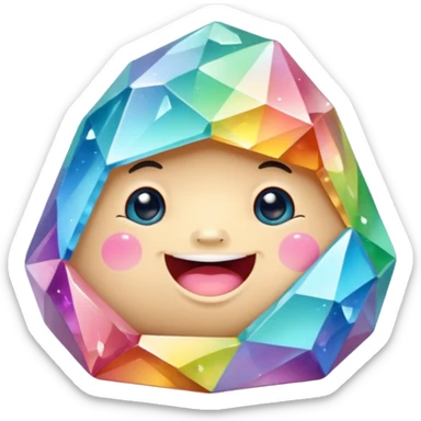 A single pastel rainbow crystal rock character, chubby and heavy with a chunky, irregular polygon shape,covered in faceted crystal planes and small chips, big glossy rainbow eyes and a small smiling mout sticker