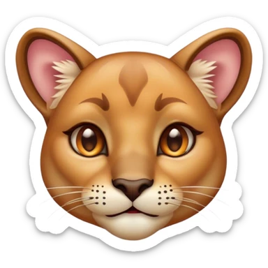 Cinematic Cute Cougar Portrait Emoji, Head tilted playfully and inquisitively, featuring a glossy, tawny Fur with delicate dark markings and round, sparkling amber eyes filled with curious mischief, Simplified yet irresistibly adorable features, highly detailed, glowing with a warm, friendly glow, high shine, affectionate and agile, stylized with a touch of wilderness whimsy, bright and endearing, soft glowing outline, capturing the essence of a mischievous yet loving cougar, so playful it feels like it could prowl out of the screen and into your arms! sticker