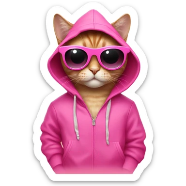 Cat wearing a pink hoodie with pink sunglasses and pink coctel sticker