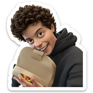 smiling boy holding food sticker