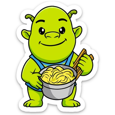 Shrek the green ogre holding a bucket of carbonara pasta sticker