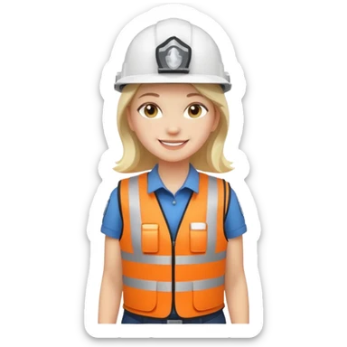 Girl full body standing with her white security helmet and security vest on sticker