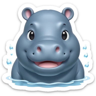 A 3D cartoon hippopotamus half-submerged in water, smiling gently, soft lighting, rounded body and glossy texture, cute Memoji-style look. sticker