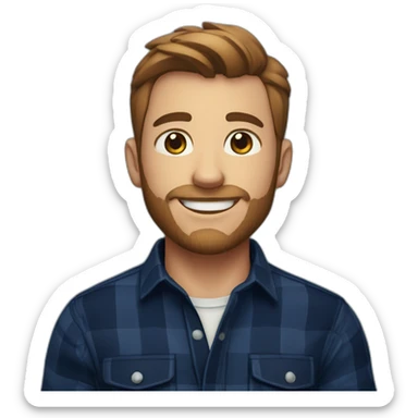 A young man with a well-defined light beard, neatly trimmed short brown hair, exuding confidence, clad in a navy blue checked flannel shirt. sticker