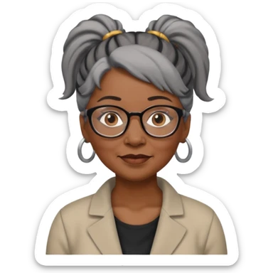 emoji of a black older women with black and gray hair in a ponytail with glasses and brown eyebrows sticker