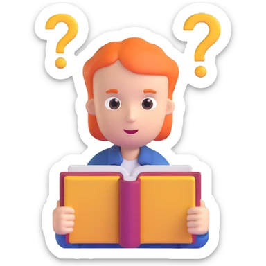 thoughtful character with question marks and open book sticker