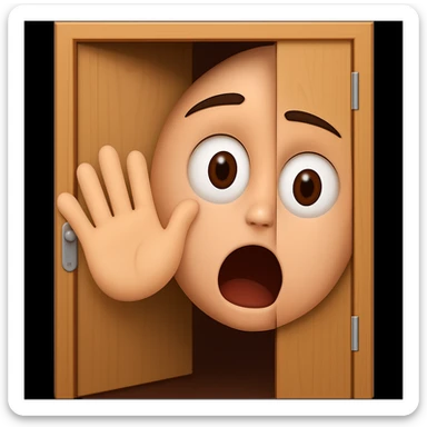 Add a hand waving to the surprised face partially visible from behind a door, front angle, in emoji style. sticker