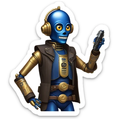 human-sized darkblue-pearl friendly smiling bounty hunter c3po droid wearing leather wild west duster, backpack, saddlebags holding light saber ready to fight but relaxed. antique sticker