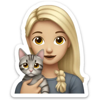 Blonde girl with brown eyes holding a gray tabby cat sticker