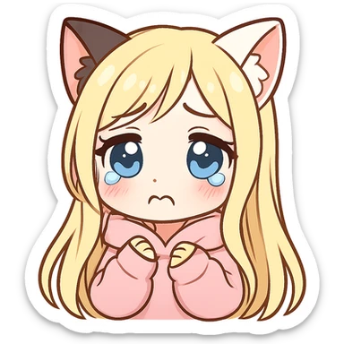 extra cute, extra chibi anime catgirl Twitch emote, one black cat ear and one white cat ear, blonde extremely long hair, blue eyes, white skin, pastel pink hoodie, sad expression, no background sticker