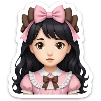 A girl, long wavy black hair with side bangs. Brown eyes. Wearing two bows on her hair. Wearing a cute lolita dress  sticker