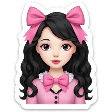 black hair with wavy long hair and pink clothes coquette vibes, a bow sticker