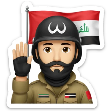 surrenders, depicts an Iraqi soldier from 1980, with a beard, in a helmet, a helmet with sign flag Iraq, with a balaclava, with sad eyes and both hands raised up sticker