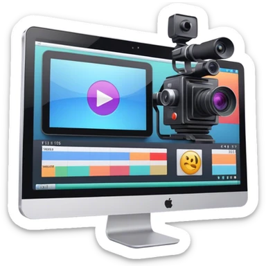 Create an emoji for video editing. Show a computer screen with a video timeline, clips, and editing tools (e.g., scissors). Add a video camera. Use modern, professional colors. Do not include any emojis or smiley faces. Make the background transparent sticker