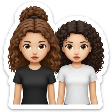 2 pretty bratz fair girls. One has straight brown hair and is tan, wearing a white tshirt. One is fair with curly black hair, wearing a black tshirt  sticker