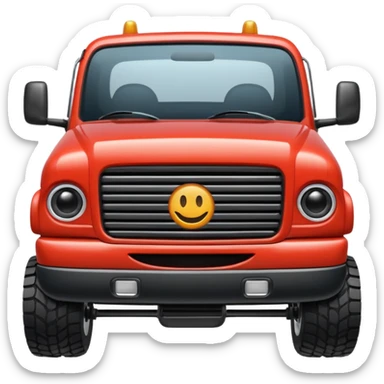 squatted truck with big wheels and smiling face on grill sticker