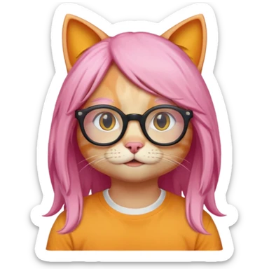 Orange Yellow cat wearing a long pink hair wig, black circle glasses, white T-shirt sticker