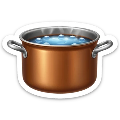 brown small metal pot filled with boiling water on a stove, visible hot steam and rising bubbles, realistic heat effect, shiny pot surface, bright lighting, clean white background sticker