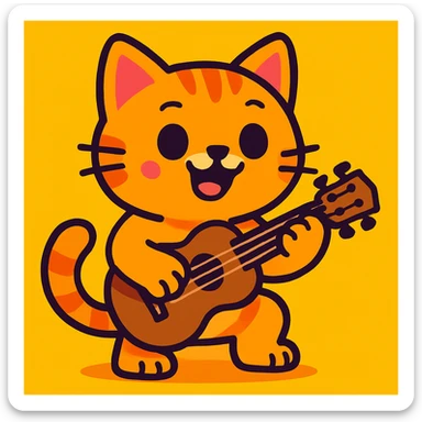 a cute cat playing a ukulele, vibrant cartoon style sticker